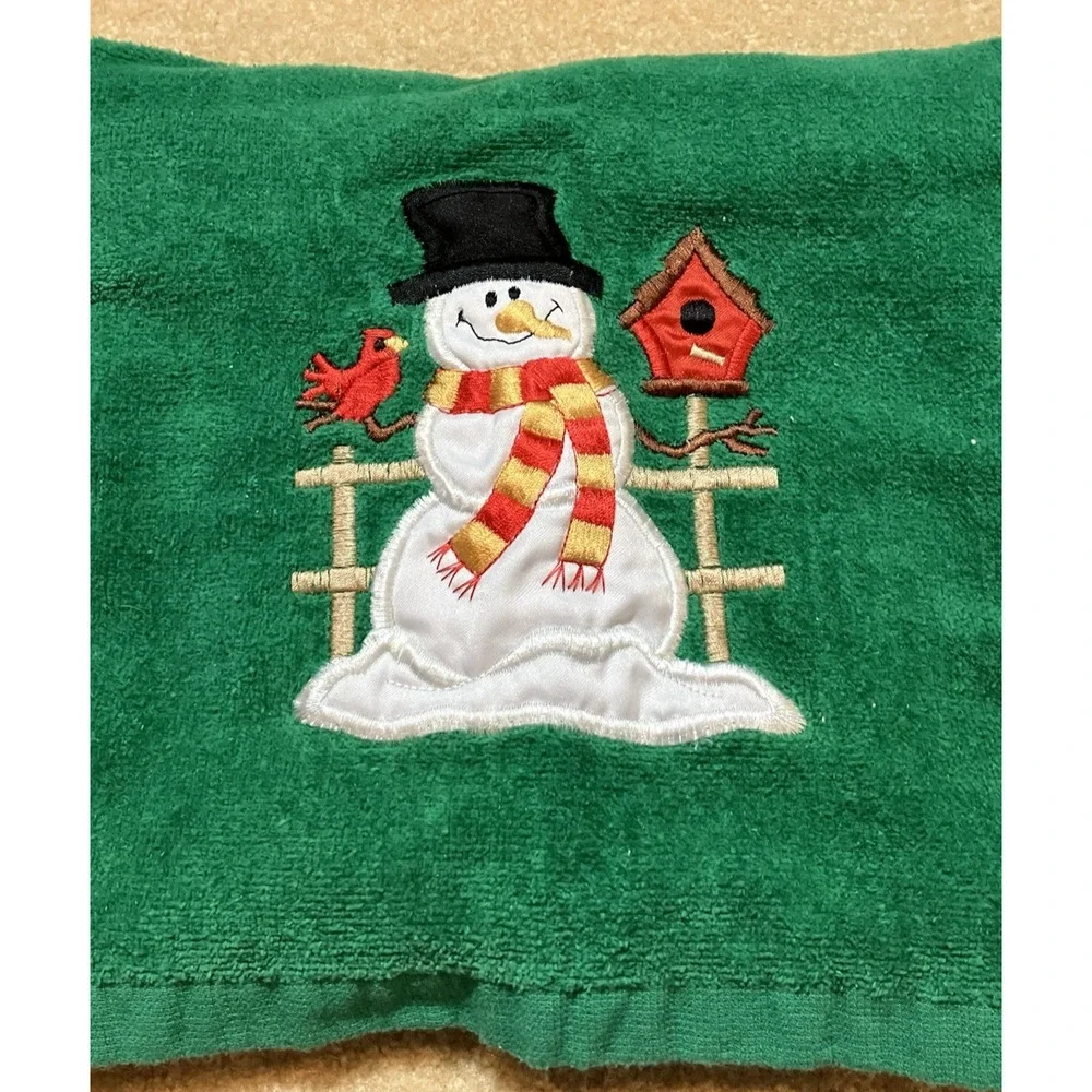 Vintage Cecil Saydah Bath and Hand Towel Set of 3 Green Christmas Snowman